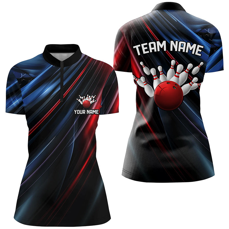 Black, Red And Blue Custom Patriotic Bowling Shirts For Women, Us Bowling Team Shirts IPHW7113