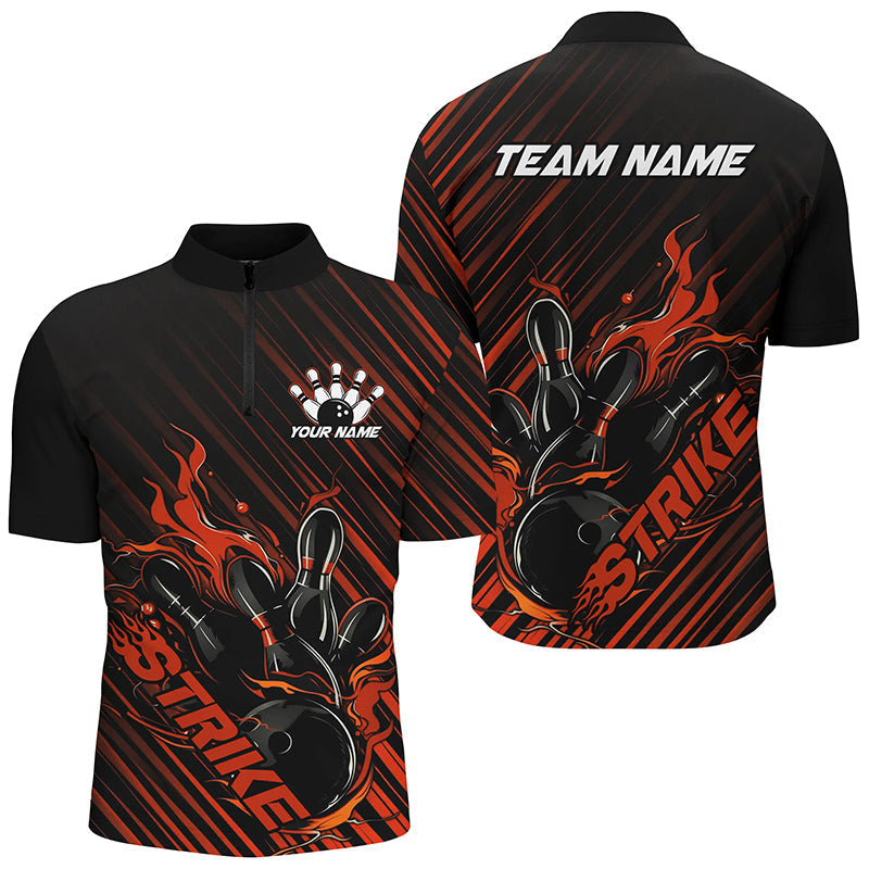 Custom Black And Orange Flame Bowling Shirts For Men, Strike Bowling Team Shirts Outfit Bowling IPHW7424