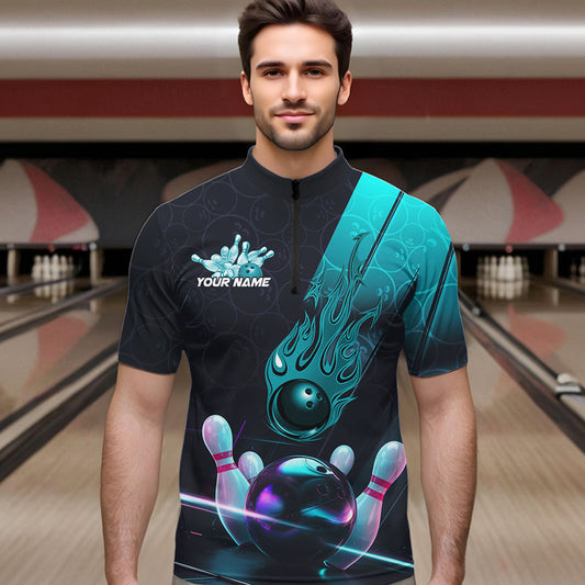 Custom Black And Blue Flame Bowling Quarter-Zip Shirts For Men, Holographic Bowling League Shirt IPHW8902