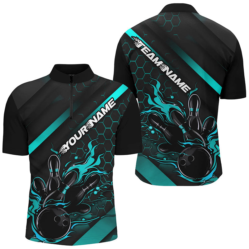 Custom Black And Blue Flame Bowling Shirts For Men, Bowling Team Bowling League Shirts IPHW7507