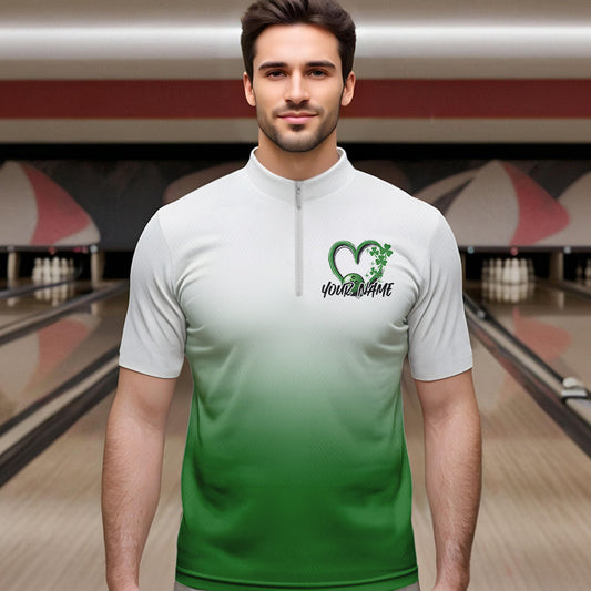 Custom Heart St Patricks Day Bowling Quarter-Zip Shirts For Men, Lucky Shamprock Bowling Team Shirt IPHW8601