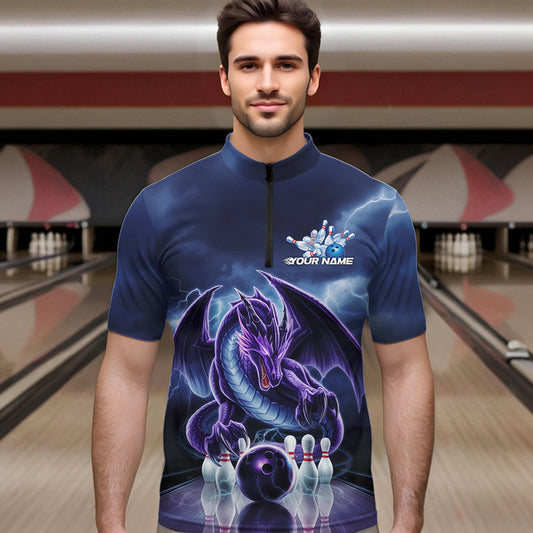 Custom Blue Thunder Lightning Purple Dragon Bowling Team Men Quarter-Zip Shirts, Bowlers Outfit IPHW8922