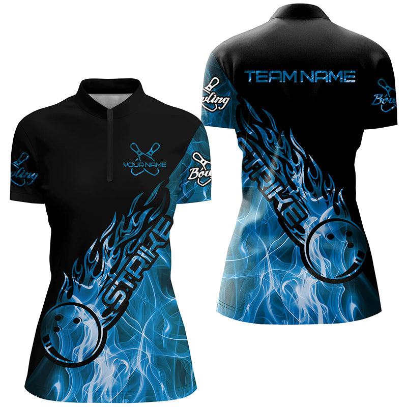 Custom Blue Flame Bowling Shirts For Women, Bowling Team Shirts Bowling Strike IPHW7155