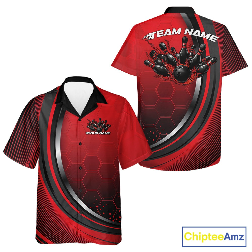 Front and back view of a button-up bowling shirt mockup in black and red, featuring honeycomb pattern with a flaming bowling strike illustration.