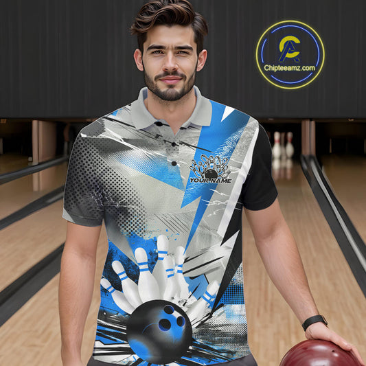 Custom Blue And Gray Geometric Bowling Jerseys Bowling Team Polo Shirts For Men IPHW9509