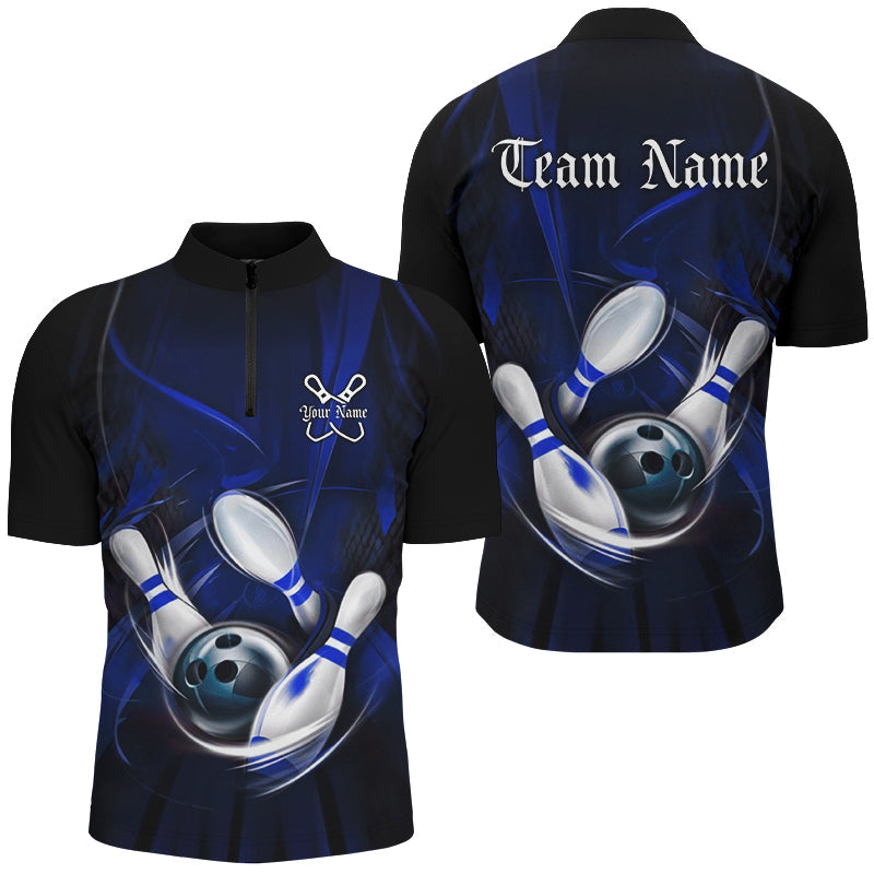 Black And Blue Custom Bowling Uniforms, Bowling Team Shirts For Men Bowler Jerseys IPHW7544