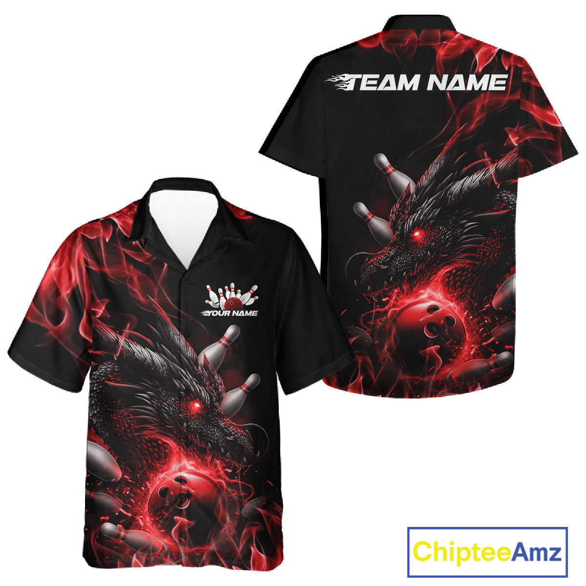 Custom Black And Red Flame Dragon Bowling Men And Women Hawaiian Shirt, Dragon Bowling League Shirt IPHW10272