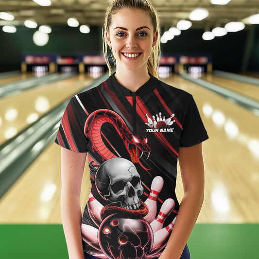 Custom Black And Red Snake Skull Bowling Quarter-Zip Shirts For Women, Bowling Team Shirt IPHW8670