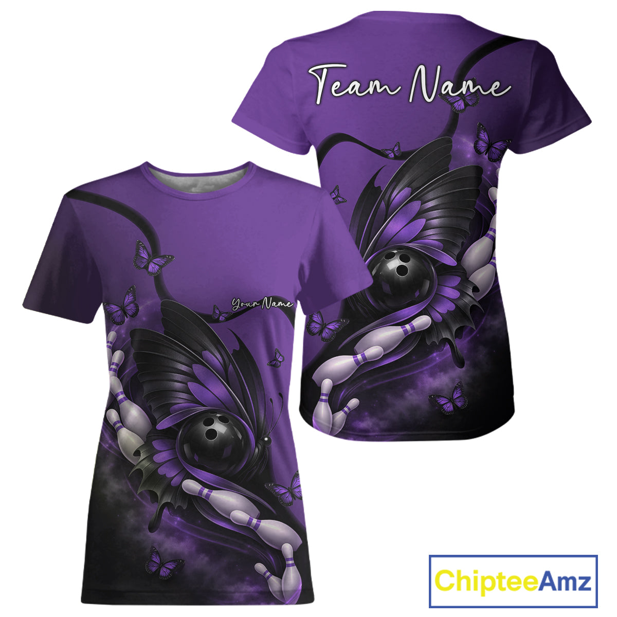 Women’s crewneck bowling shirt in purple and black, displayed from front and back with a butterfly wrapped around a bowling ball and pins.