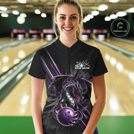Custom Black And Purple Dragon Bowling Women Quarter-Zip Shirt, Dragon Bowling Team Shirt IPHW9538