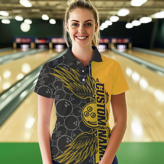 Black And Yellow Custom Bowling Ball And Wings Bowling Polo Shirts For Women, Team Uniform IPHW8694