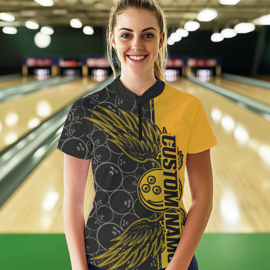Black And Yellow Custom Bowling Ball And Wings Womens Quarter-Zip Shirts, Team Uniform IPHW8694