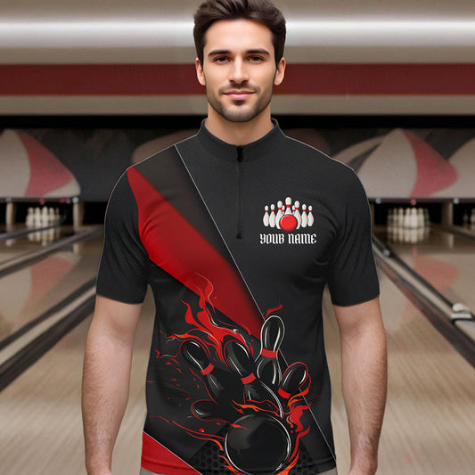 Custom Black And Red Flame Duckpin Bowling Team Men Quarter-Zip Shirts, Duckpin Tournament Outfit IPHW8945