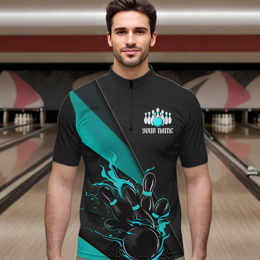 Custom Black And Blue Flame Duckpin Bowling Team Men Quarter-Zip Shirts, Duckpin Tournament Outfit IPHW8946