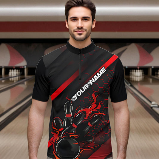 Custom Black And Red Flame Duckpin Bowling Quarter-Zip Shirts For Men, Bowling Team League Shirt IPHW8947