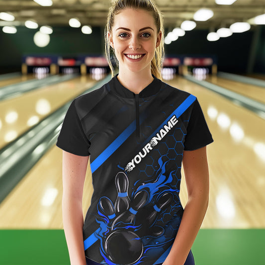 Custom Black And Blue Flame Duckpin Bowling Women Quarter-Zip Shirts, Bowling League Shirt IPHW8949