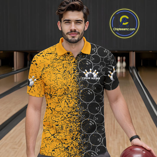 Custom Black And Yellow Splatter Bowling Ball Pattern Bowling Team Polo Shirts For Men IPHW9788