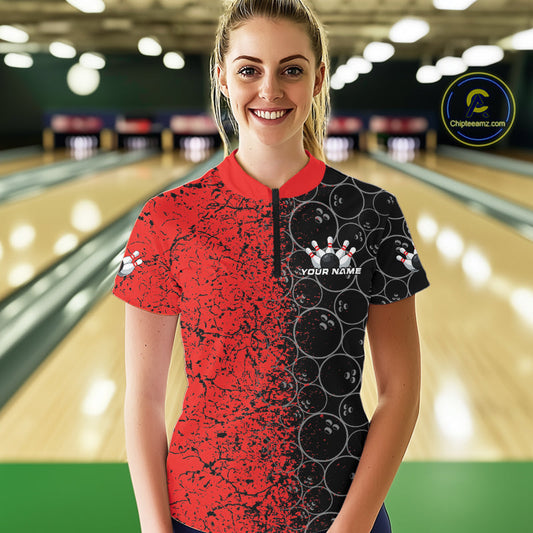 Custom Black And Red Splatter Bowling Ball Pattern Bowling Team Women Quarter-Zip Shirts IPHW9790