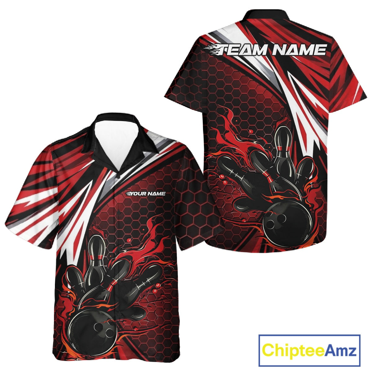 Custom Red Flame Bowling Jerseys For Men And Women, Hexagon Bowling Team Tournament Shirt IPHW10556