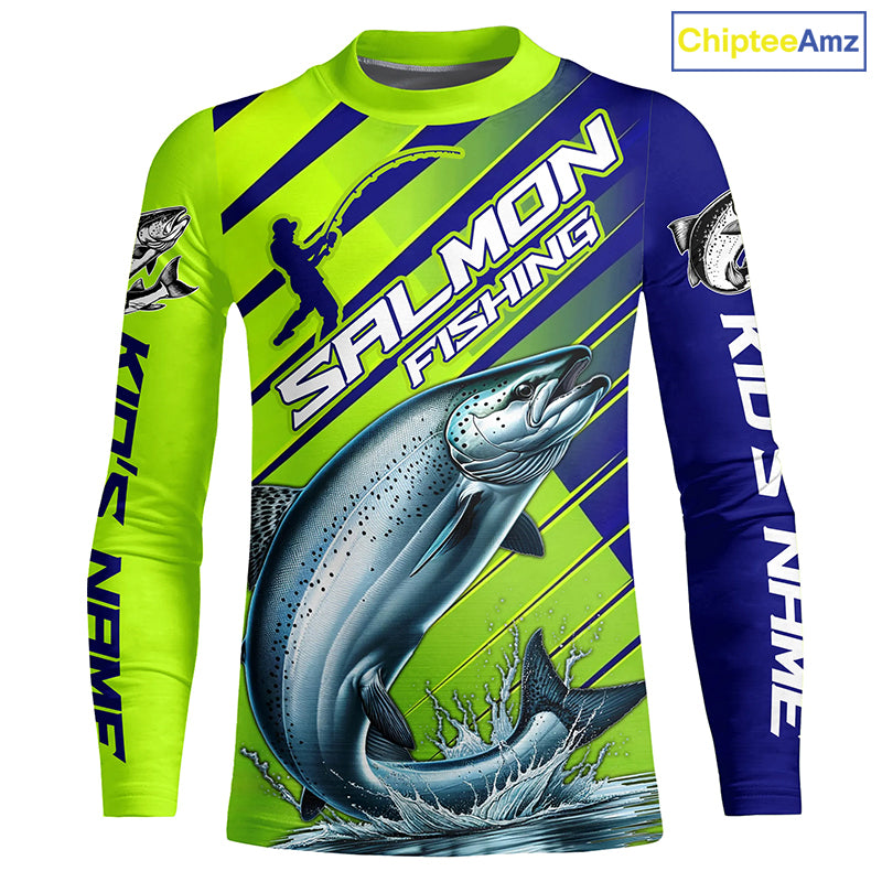 Chinook Salmon Custom Long Sleeve Fishing Shirts, Salmon Fisherman Fishing Jerseys | Green And Blue IPHW6209