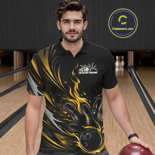Custom Black And Yellow Fire Flame Bowling Men Jerseys, Bowling League Polo Shirt IPHW10310