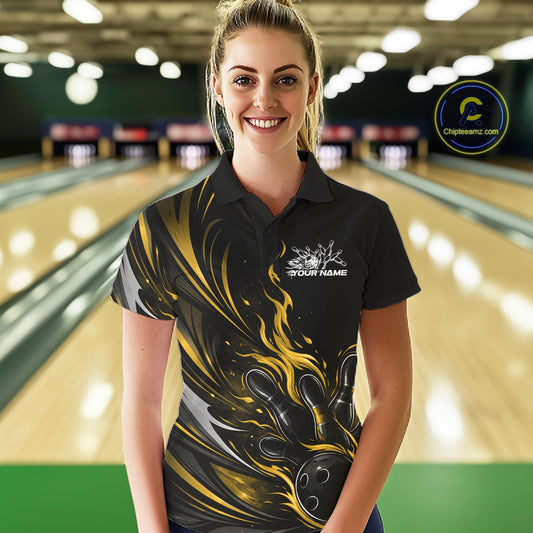 Custom Black And Yellow Fire Flame Bowling Women Jerseys, Bowling League Polo Shirt IPHW10310