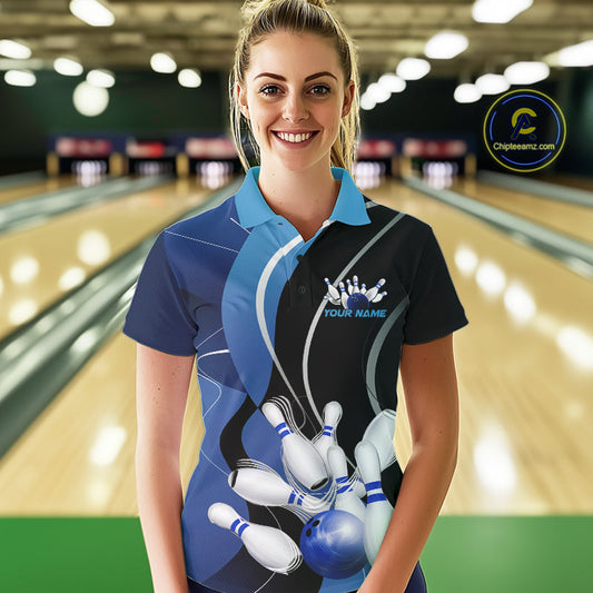 Custom Black And Blue Bowling Jerseys, Women Bowling Polo Shirt Team Uniform IPHW9226