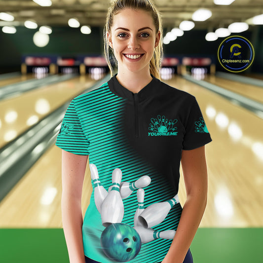 Custom Black And Ball Blue Bowling Quarter-Zip Shirts For Women, Blue Bowling Jerseys IPHW9402