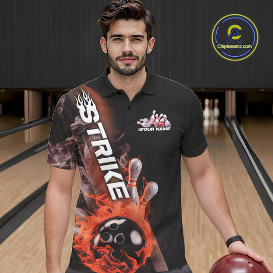 Custom Orange Flame Strike Bowling Team Polo Shirts For Men, Fire Bowling Jerseys IPHW9574
