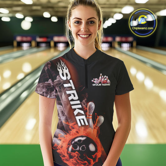 Custom Orange Flame Strike Bowling Team Women Quarter-Zip Shirt, Fire Bowling Jerseys IPHW9574