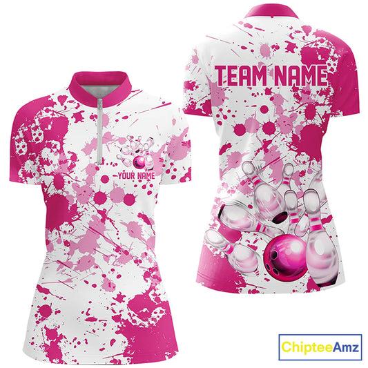 Custom Pink Bowling Polo Shirts For Women, Bowling Team Shirts Bowling Jerseys With Name IPHW7052