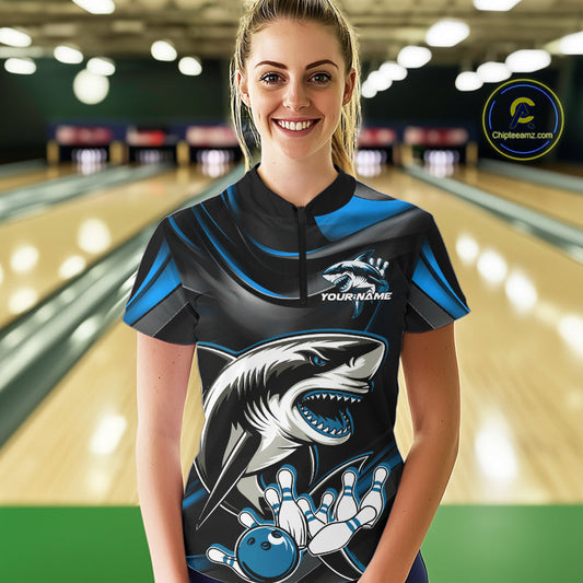 Custom Black And Blue Shark Bowling Team Women Quarter-Zip Shirt, Bowling League Shirt IPHW9003