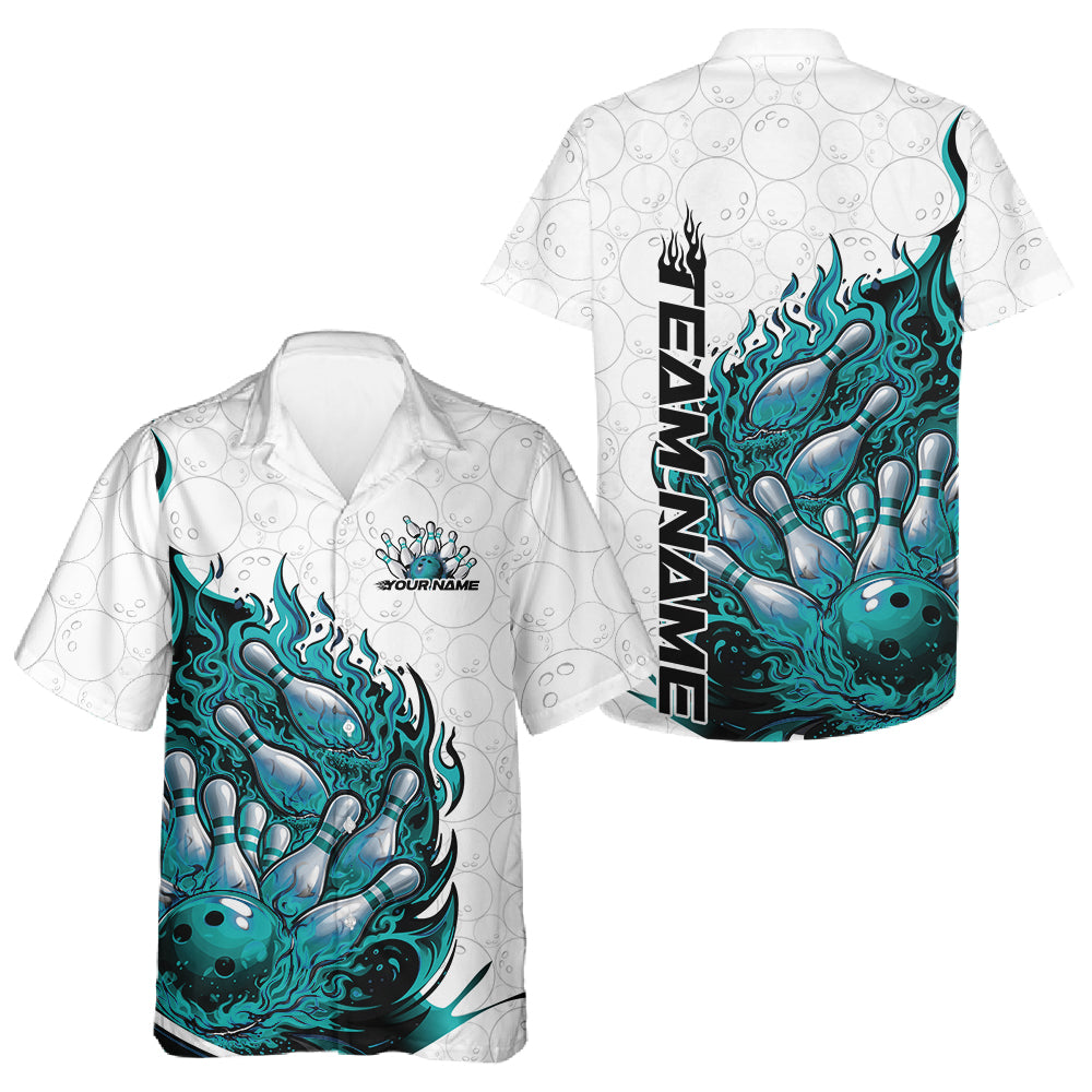 Front and back white and turquoise blue button-up bowling shirt featuring a flaming bowling ball crashing into pins.