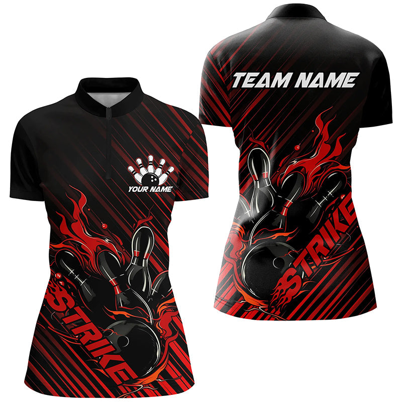 Custom Black And Red Flame Ladies Bowling Shirts, Strike Bowling Team Shirts Outfit Bowling IPHW7319
