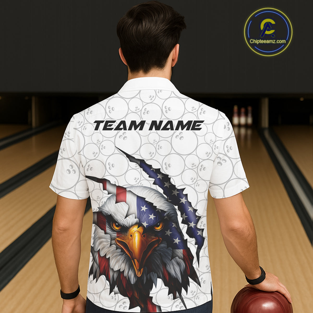 Custom Patriotic Eagle Men And Women Bowling Team Shirt, US Flag Eagle Bowling League Shirt IPHW10190