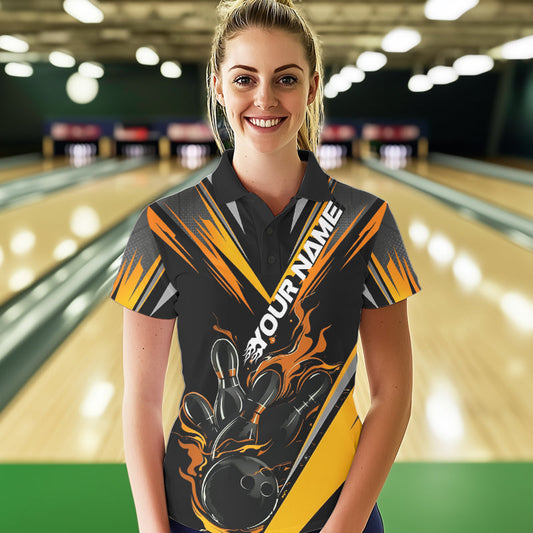 Custom Black And Yellow Flame Bowling Women Polo Shirts, Bowling Tournament Team Outfits IPHW8774