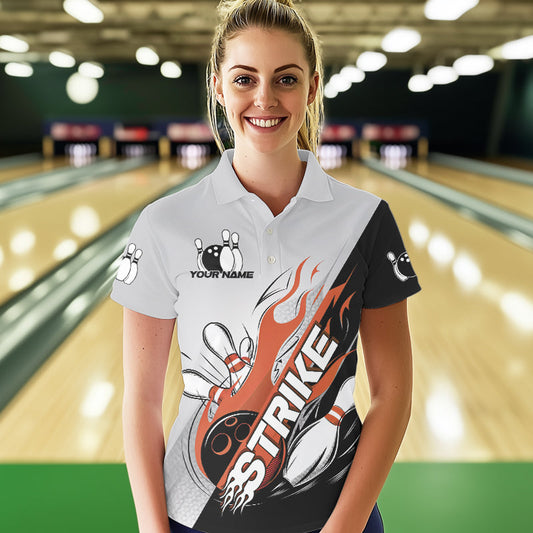 Custom Orange Flame Strike Bowling Women Polo Shirts, Team Uniform Bowling League Shirt IPHW8779