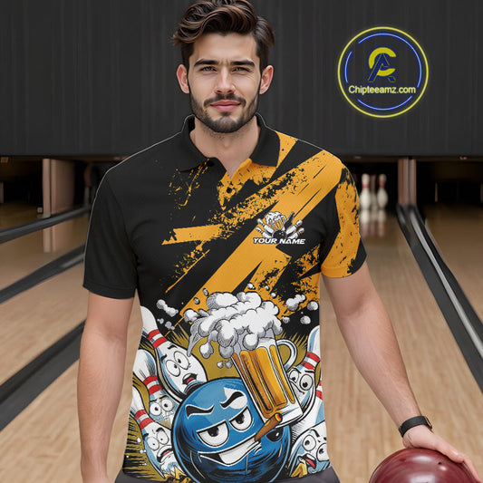 Custom Funny Cool Bowling Ball Bowling And Beer Men Polo Shirts, Grunge Bowling Uniform IPHW9611