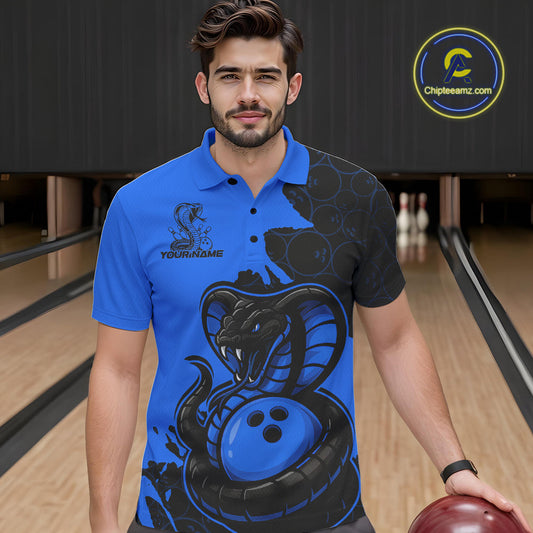 Custom Black And Blue Cobra Snake Bowling Men Polo Shirts Team Uniform Bowling Pattern IPHW9031