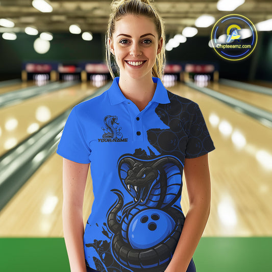 Custom Black And Blue Cobra Snake Bowling Women Polo Shirts Team Uniform Bowling Pattern IPHW9031