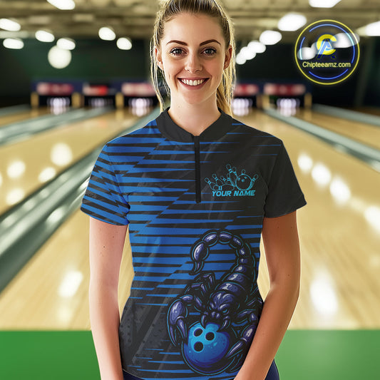 Custom Black And Blue Scorpion Bowling Team Women Quarter-Zip Shirt, Bowling League Shirt IPHW9034