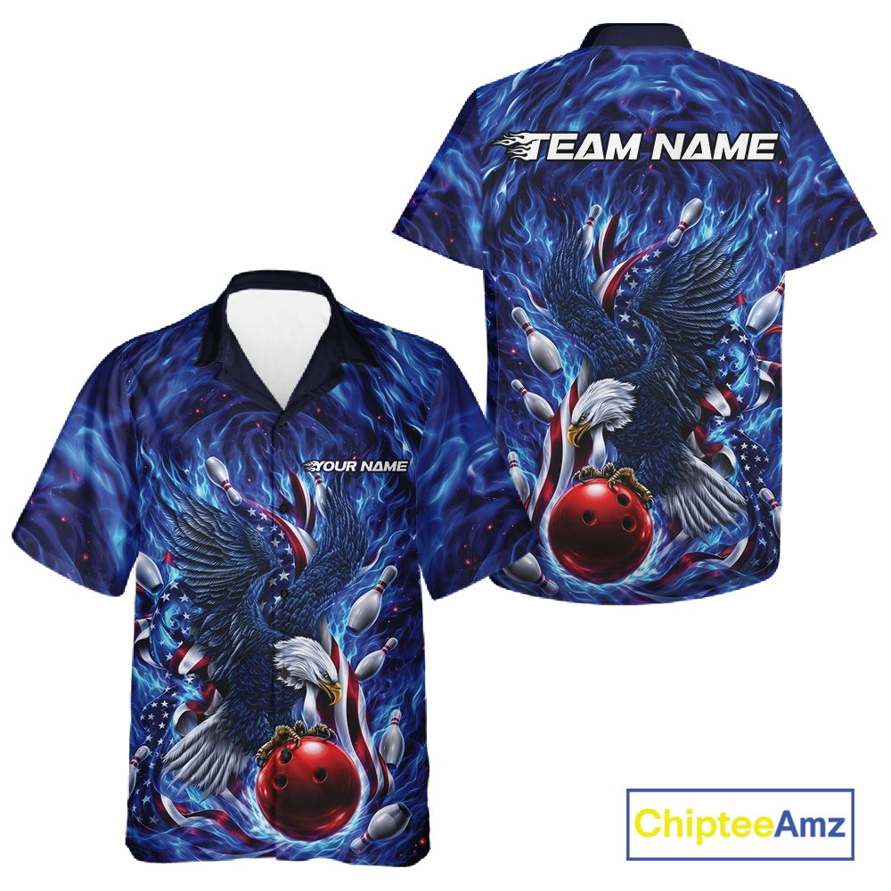 Button up bowling shirt shown front and back with an eagle wrapped around a bowling ball, accented by flag stripes and bowling pins.