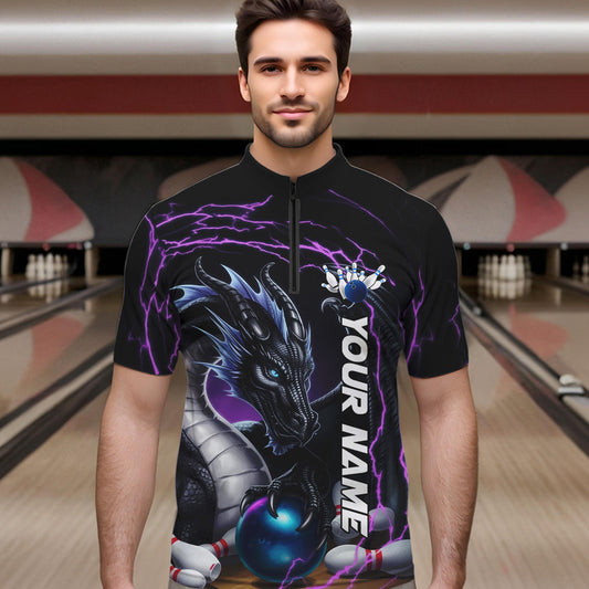 Blue And Purple Thunder Lightning Custom Dragon Bowling Team Quarter-Zip Shirts For Men IPHW8317