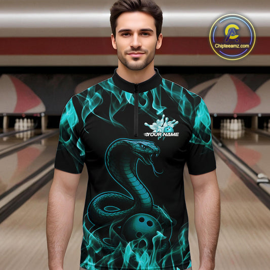 Custom Black And Blue Flame Cobra Snake Bowling Men Quarter-Zip Shirts, Bowling League Shirt IPHW9042