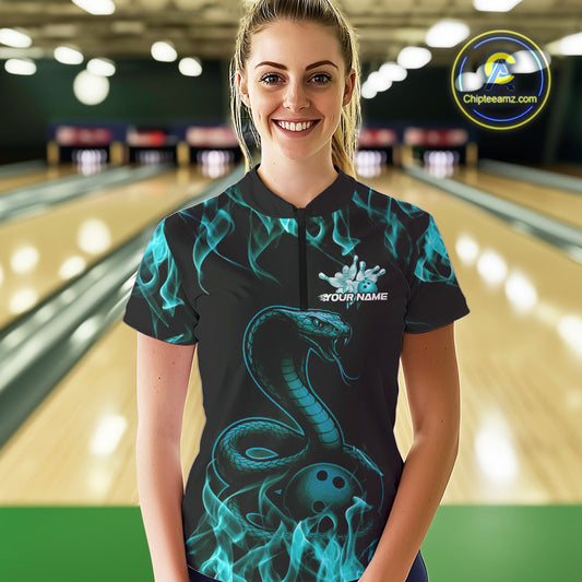 Custom Black And Blue Flame Cobra Snake Bowling Women Quarter-Zip Shirts, Team Shirt IPHW9042