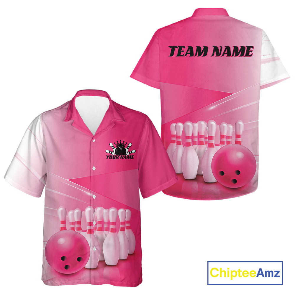 Front and back button up bowling shirt mockup with bowling ball and pins arranged within a pink gradient layout.