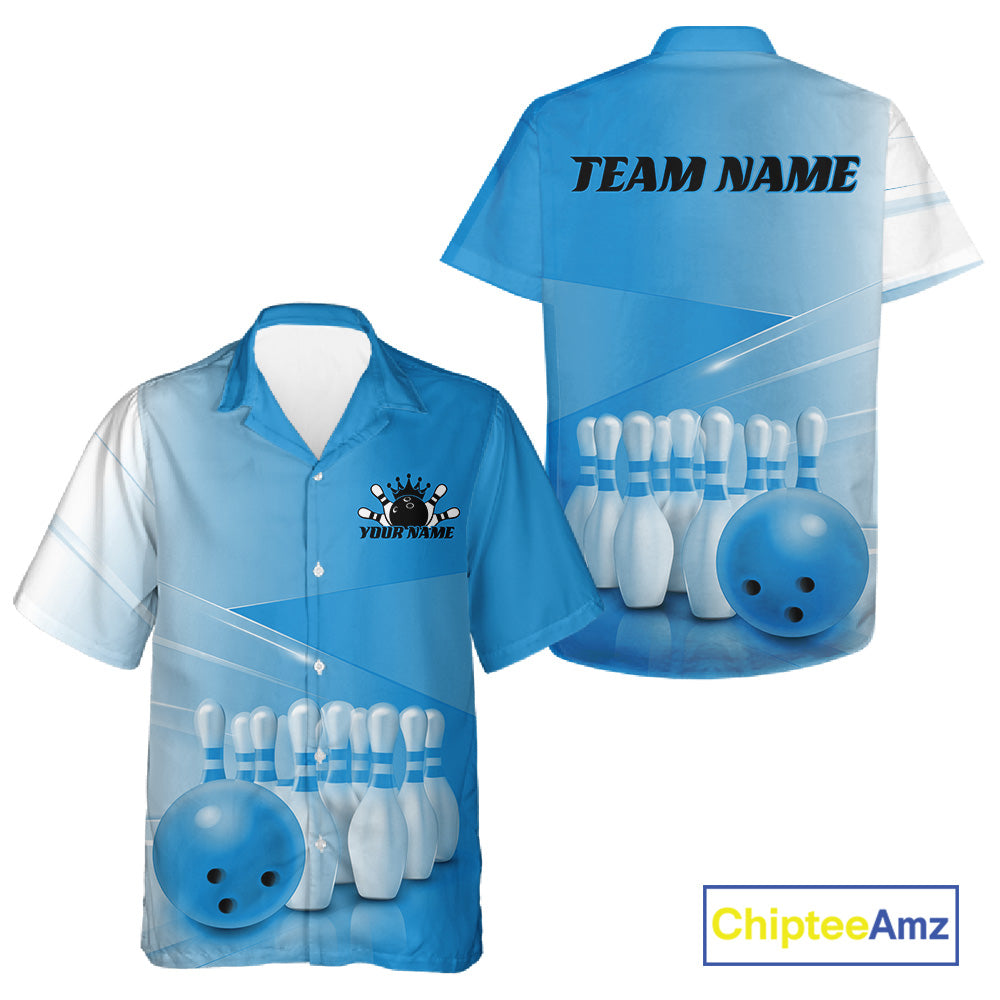 Button up bowling shirt mockup shown front and back featuring bowling ball and pins artwork in a pink gradient design.