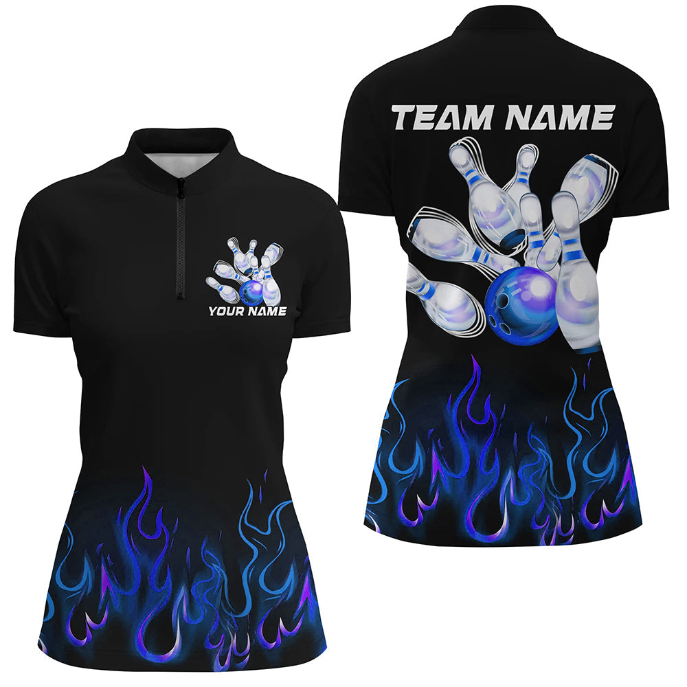 Custom Blue Flame Bowling Shirts For Women, Personalized Bowling Team Shirts IPHW7378