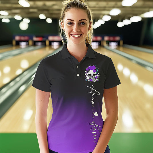 Custom Black And Purple Skull Valentines Day Couple Bowling Polo Shirts For Women IPHW8342