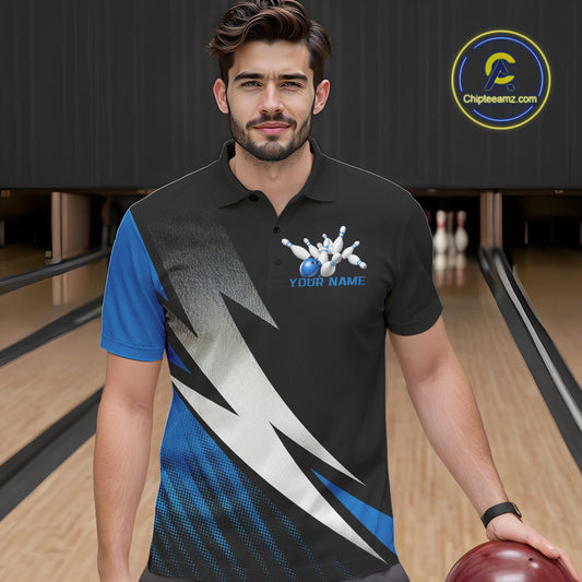 Black And Blue Custom Bowling Jerseys, Men Polo Shirt Bowling Tournament Outfits IPHW9078